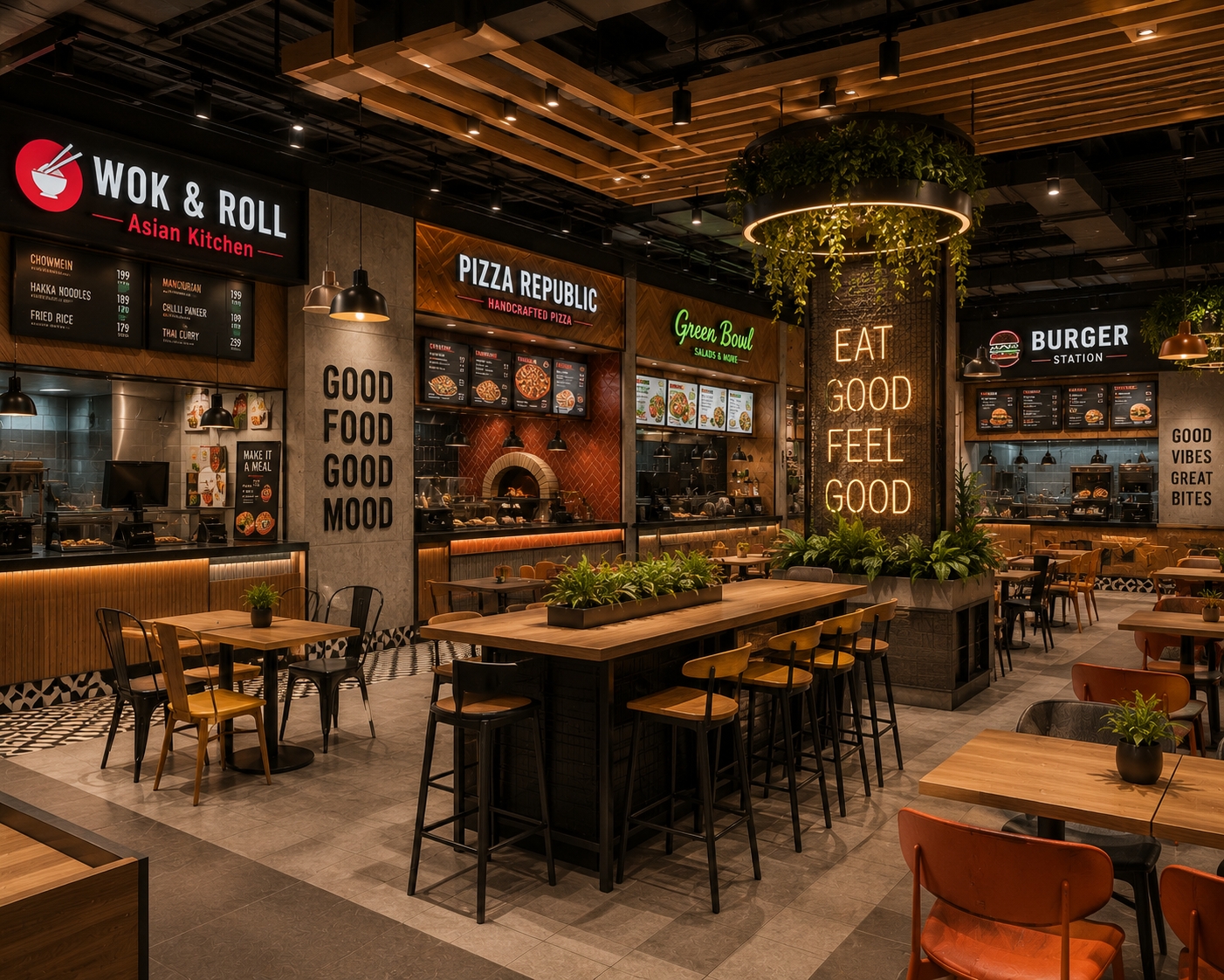 Compact Food Court Interior by Saffron Interior Design